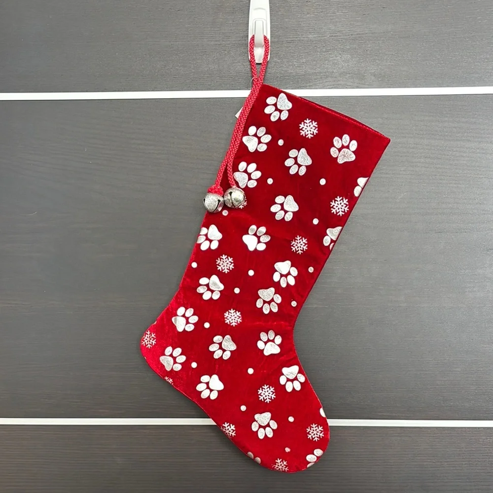 Loving Kindness Pet Stocking Red with Silver Paw Prints and Snowflakes
